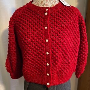 Hand knit Red Cardigan Sweater XL